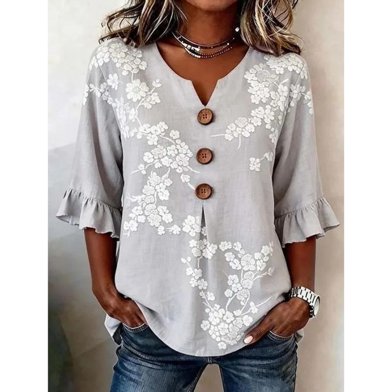 Womens Floral Print Linen Blouse, Vintage V Neck Sleeve Shirt, Casual Ruffle Cuff Button Down Tops