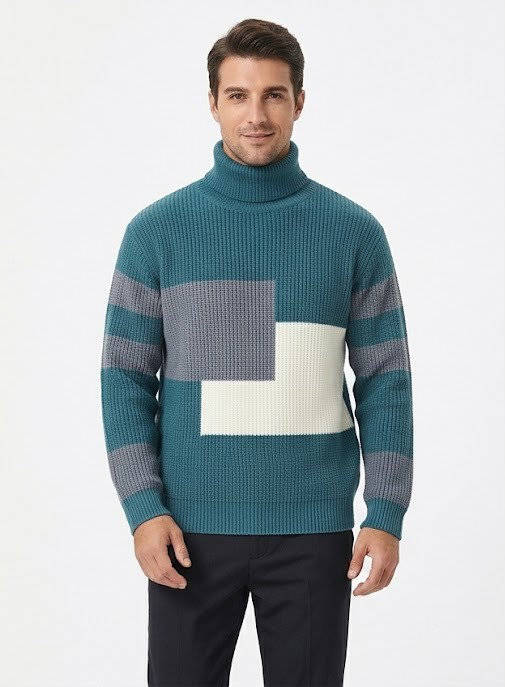 Ribbed Block Turtleneck Knit Sweater