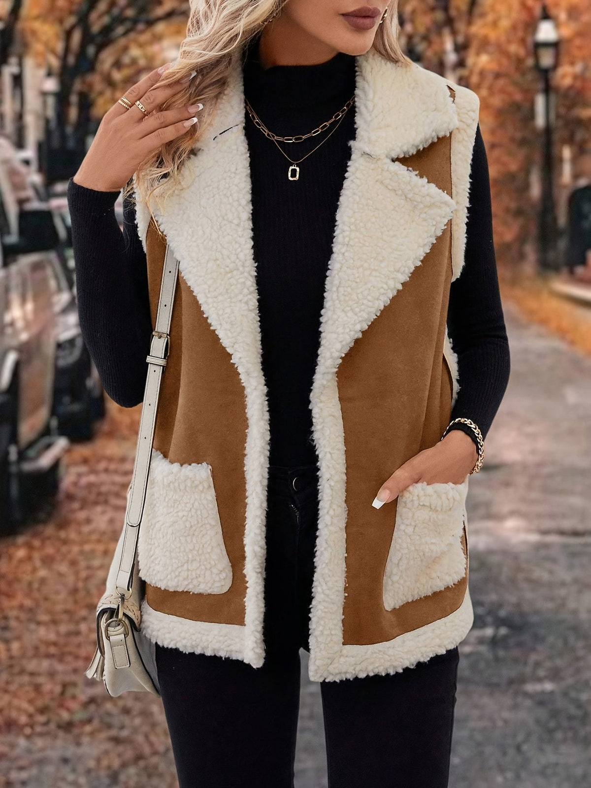 Sleeveless Vest with Lapel Collar and Plush Lining