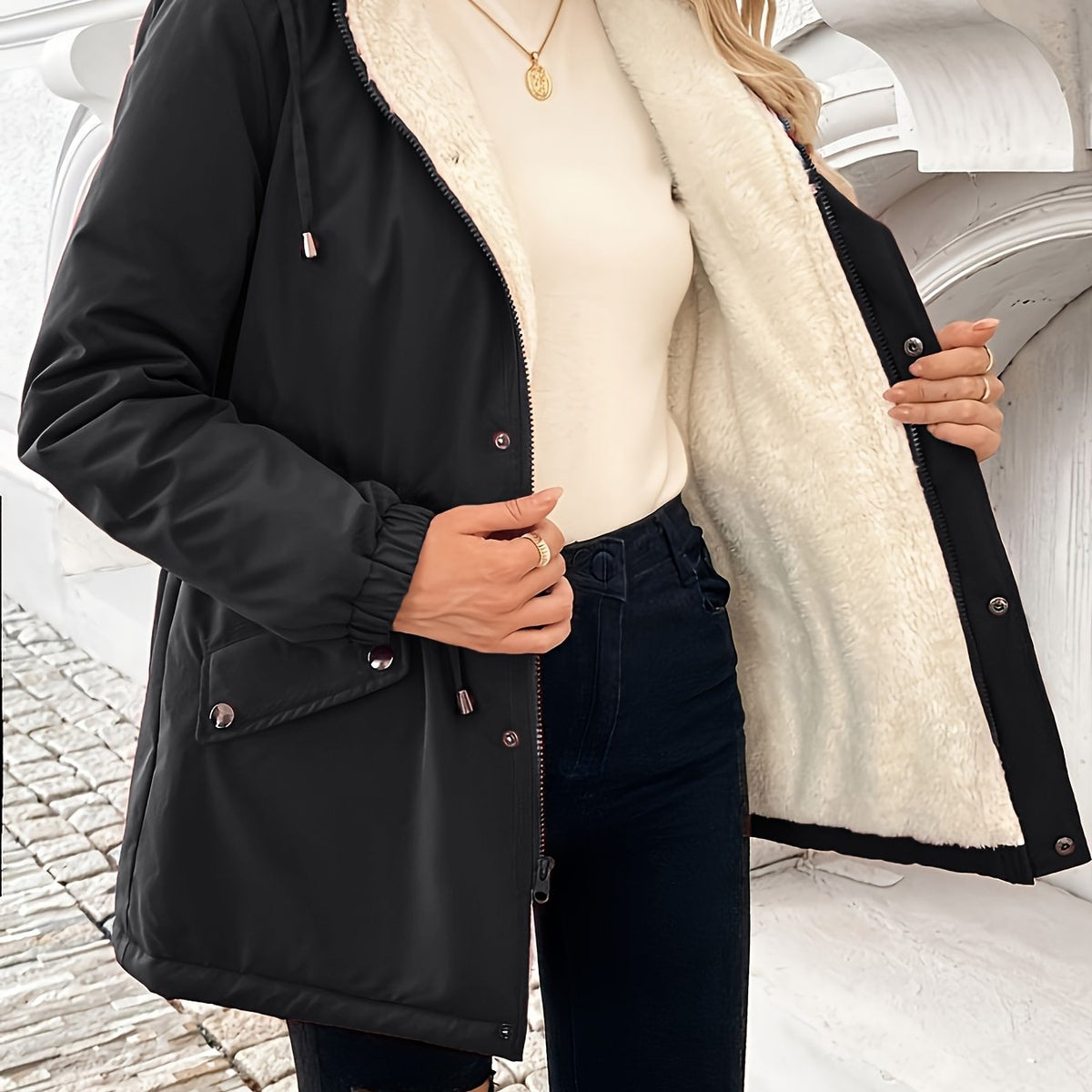 Hooded Jacket with Plush Lining and Adjustable Hood, Zip and Snap Closure