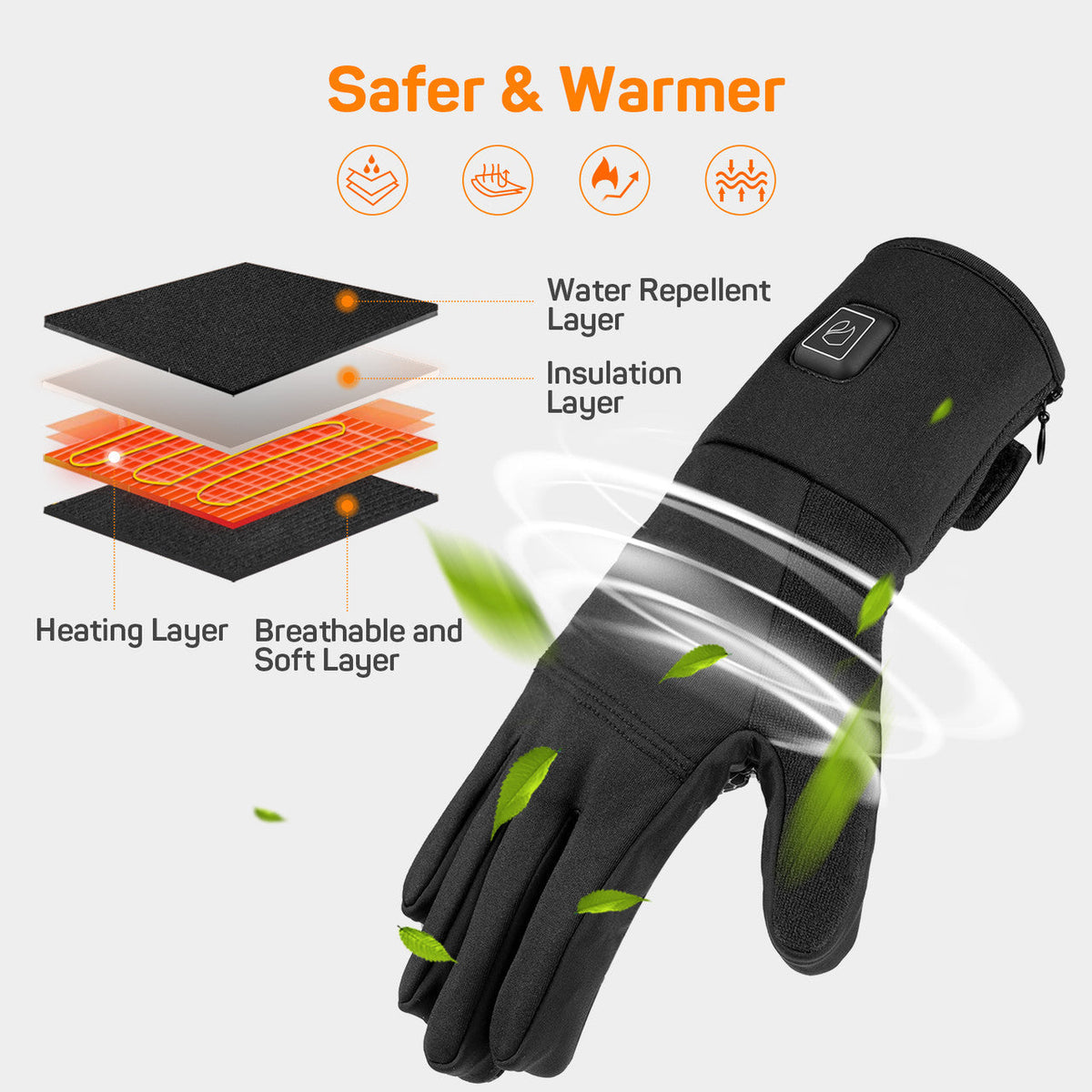 Electric heated gloves with touchscreen fingertips and 3 temperature settings