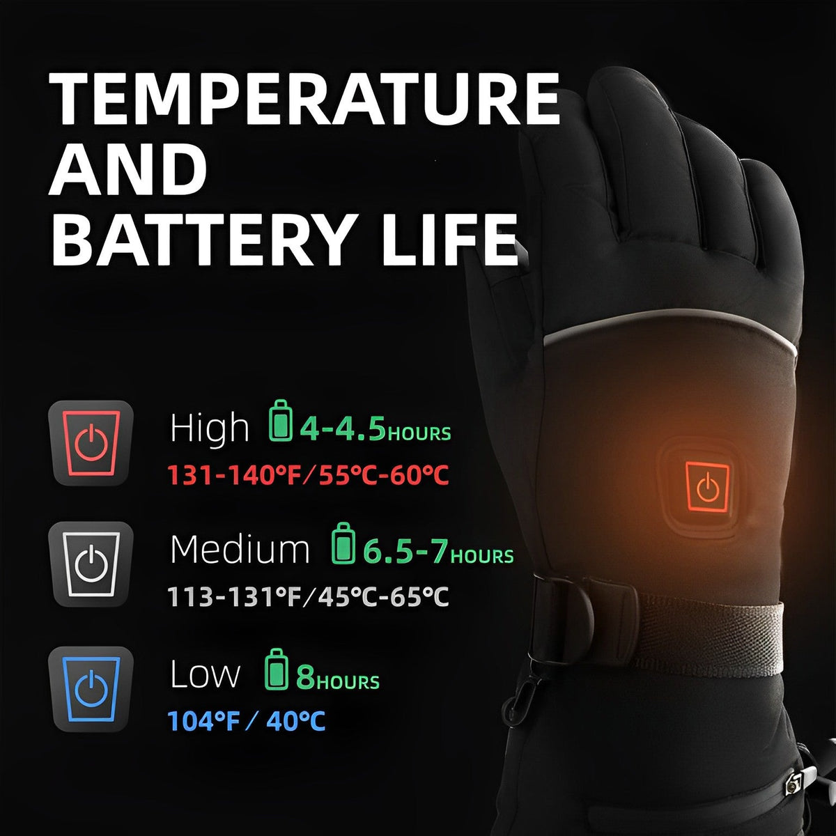Rechargeable Heated Gloves with Three Temperature Settings and 8 Hour Battery