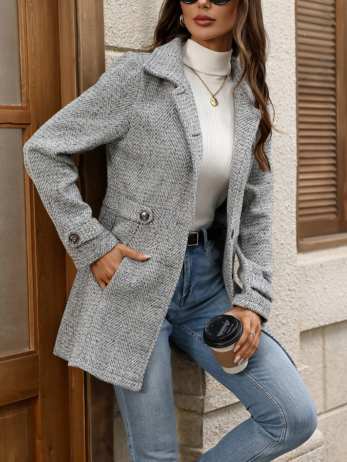 Women's Coat with Waist-Defining Buttons and Structured Collar, Mid Thigh Length