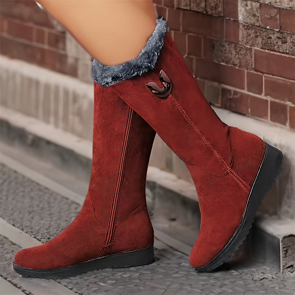 Mid Calf Winter Boots with Anti Slip Sole and Plush Lining, Slip On