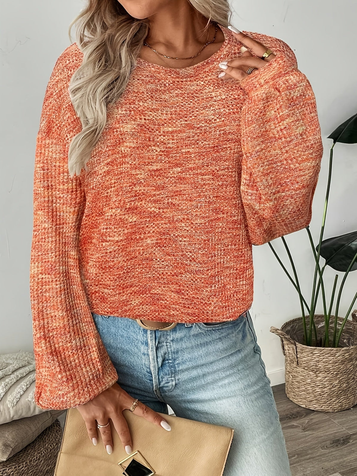 Relaxed Waffle Knit Pullover with Long Sleeves and Extended Hem