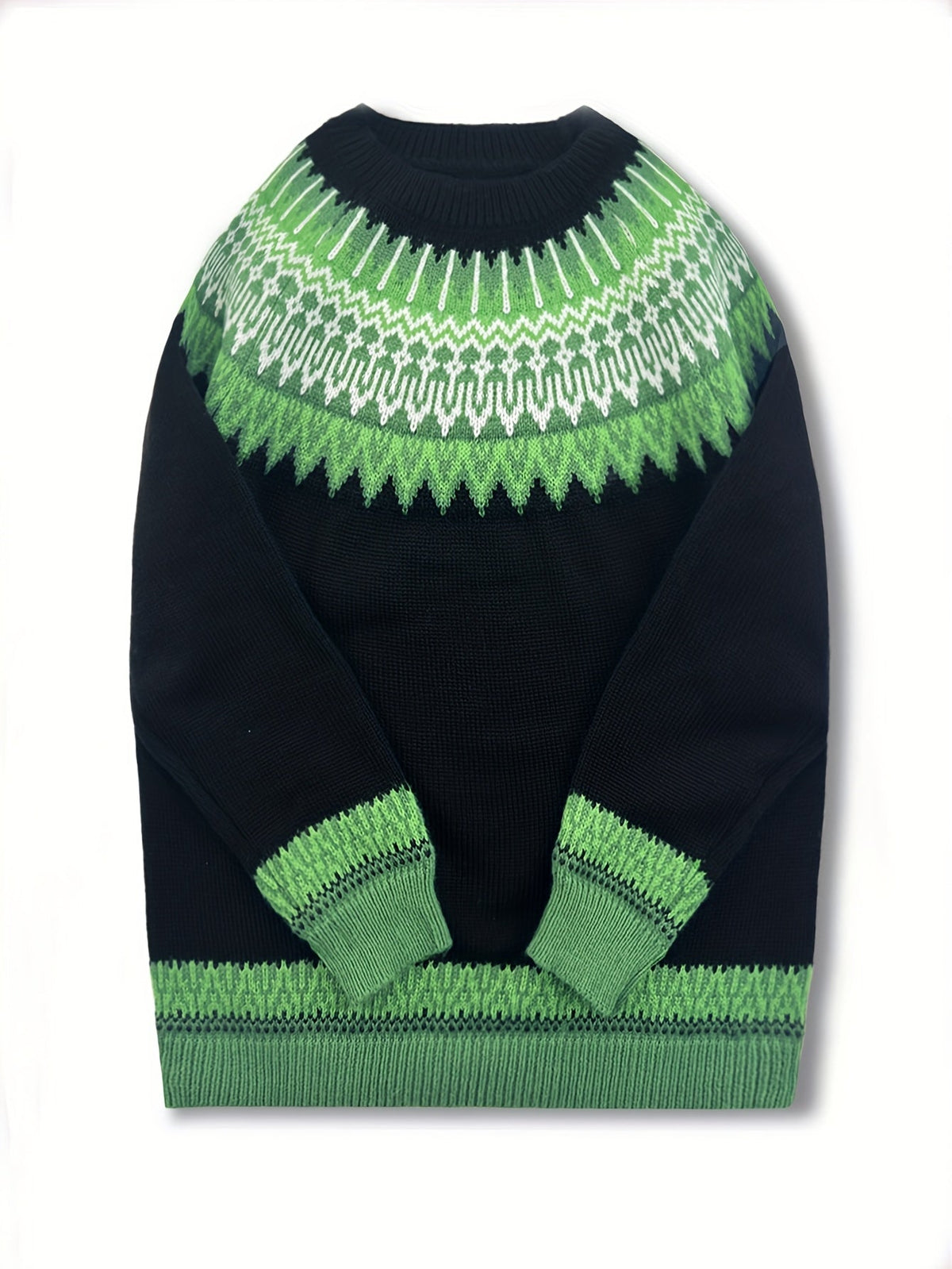 Chunky Jacquard Knit Sweater with Round Neck and Ribbed Cuffs, Hip Length