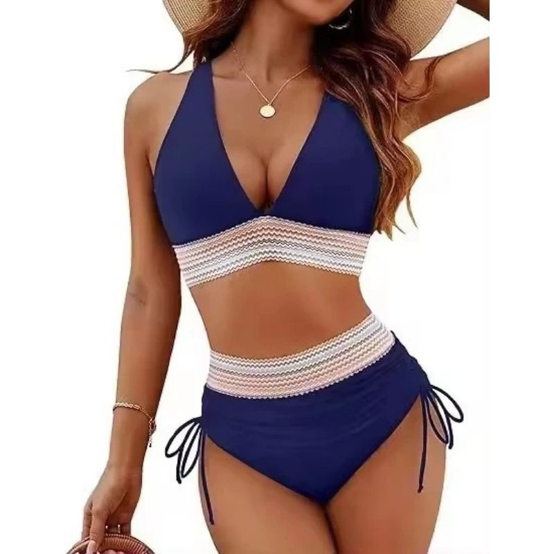 Womens High Waisted Bikini, Chevron Textured Trim Two Pieces Swimsuit, Ruched Drawstring Bathing Suit
