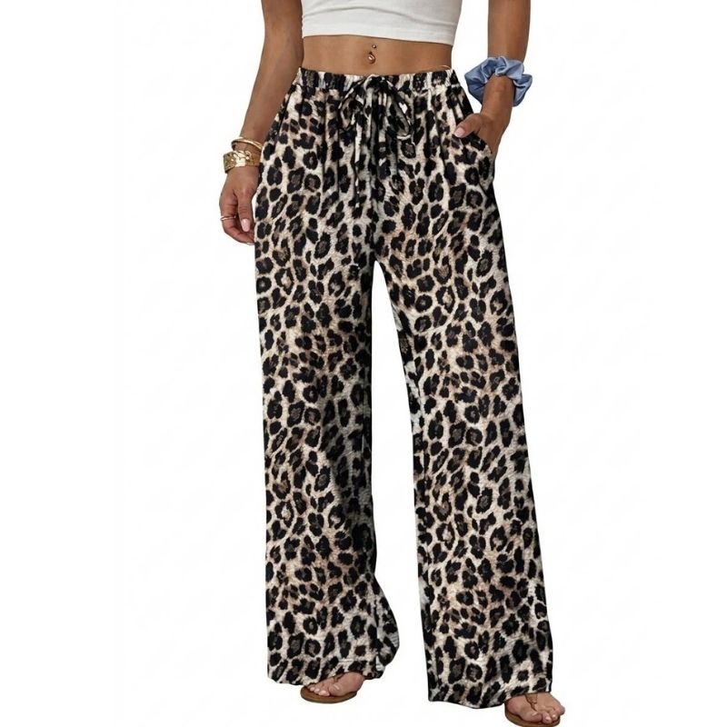 Womens Wide Leg Palazzo Pants, Flowy Drawstring Elastic Waist Trousers with Pockets for Summer, Beach and Vacation Wear