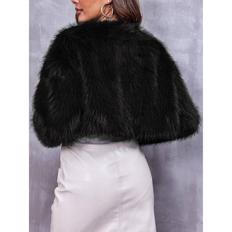 Womens Cropped Faux Fur Jacket, Fluffy Shaggy Long Sleeve Short Coat