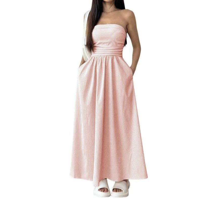 Womens Striped Strapless Maxi Dress, Casual Tube Top Summer Dress with Pockets