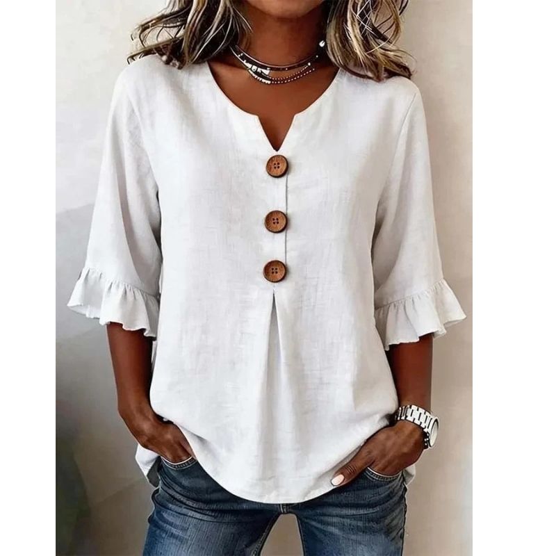 Womens Floral Print Linen Blouse, Vintage V Neck Sleeve Shirt, Casual Ruffle Cuff Button Down Tops
