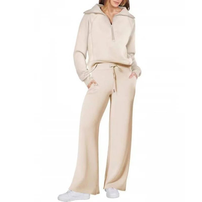 Womens 2 Piece Outfits, Casual Lapel Half Zip Sweatshirt and Wide Leg Pants Tracksuit Set