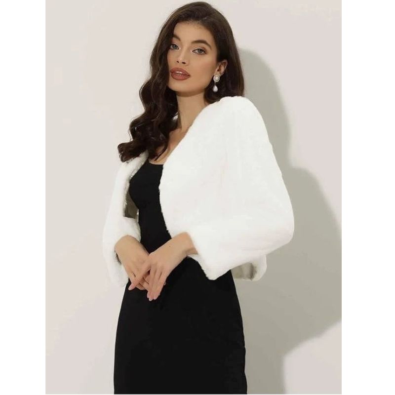Womens Cropped Faux Fur Jacket, Long Sleeve Wedding Bolero Coat