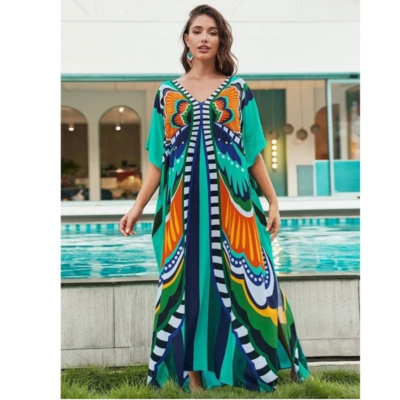 Moomoo Dresses for Women, Plus Size Loose Fit Moroccan Print V Neck Batwing Kaftan Beach Dress