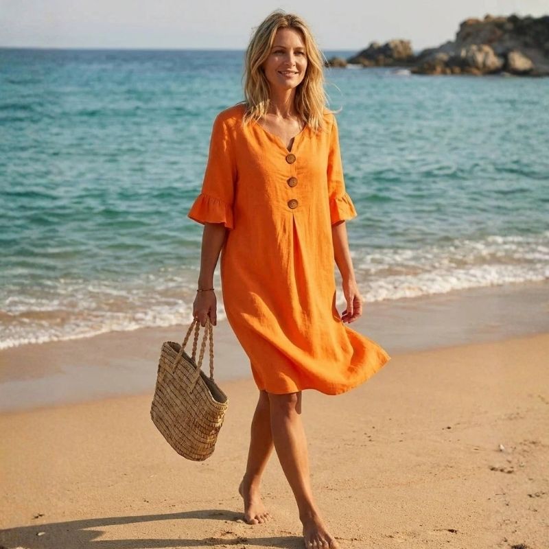 Womens Summer Dress, Ruffle Short Sleeve V Neck Midi Dress, Casual Lightweight Beach Sundress