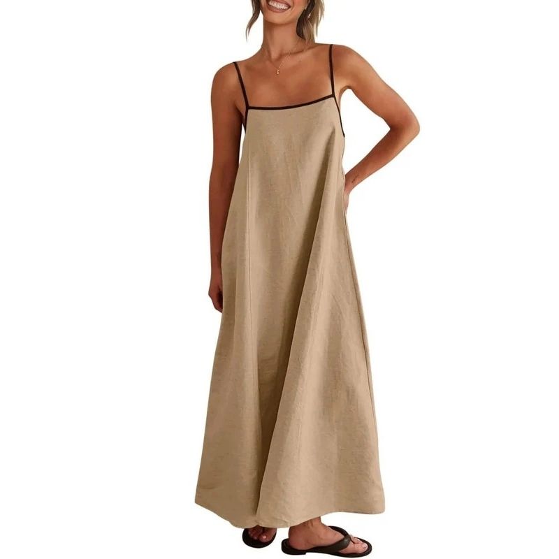 Womens Linen Maxi Dress, Contrast Spaghetti Strap Backless Summer Beach Dress
