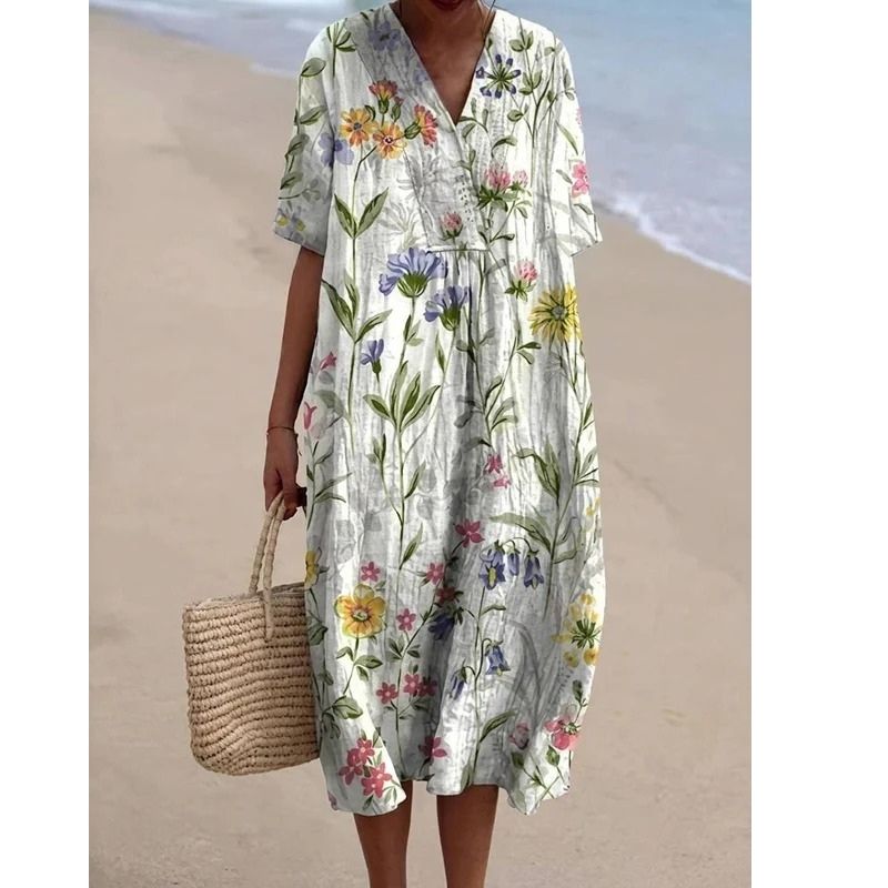 Womens Cotton Maxi Dress, Floral V Neck Short Sleeve Oversized Casual Midi Dress
