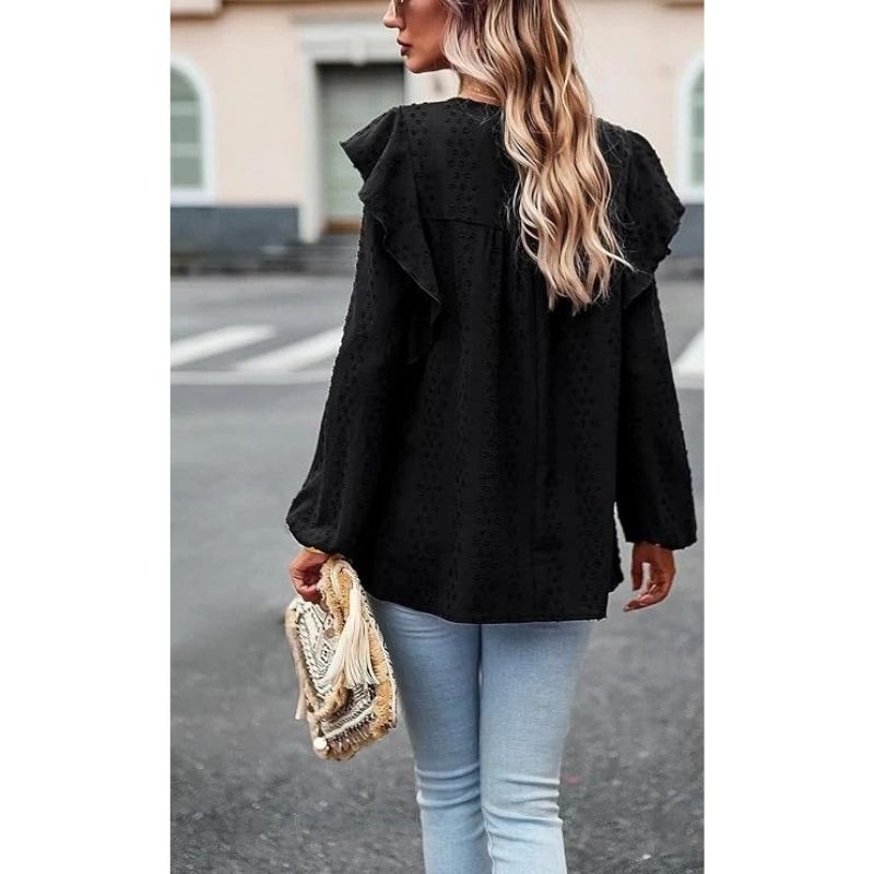 Womens Long Sleeve Shirts, Ruffle Swiss Dot Crochet Loose Fit Tunic, Dressy Casual Tops Blouse, Spring Fashion