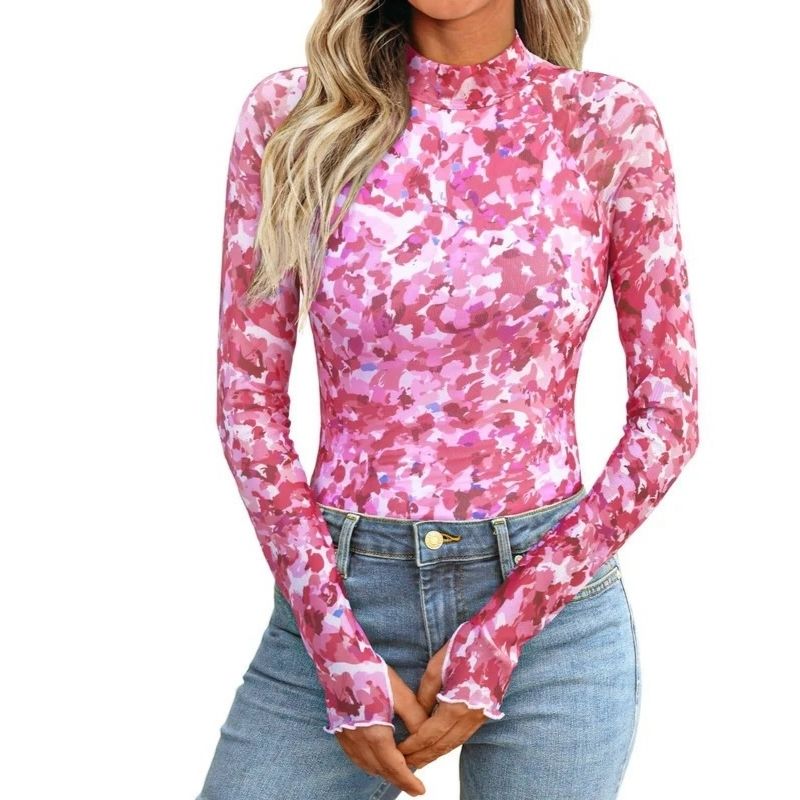 Womens Floral Lace Sheer Mesh Top - Slim Fit Lightweight Long Sleeve Top