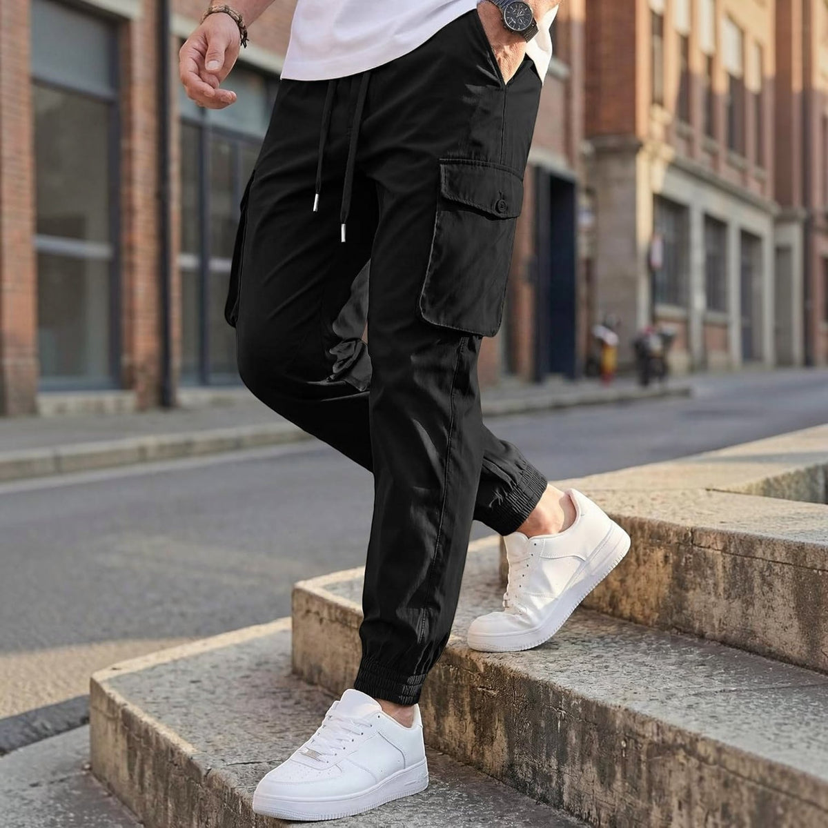 Mens Casual Cargo Jogger Pants, Stretch Elastic Waist Drawstring Tapered Sweatpants with Pockets