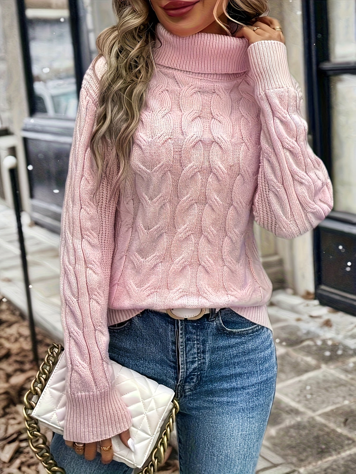 Cable Knit Turtleneck Sweater with Relaxed Fit and High Roll Neck