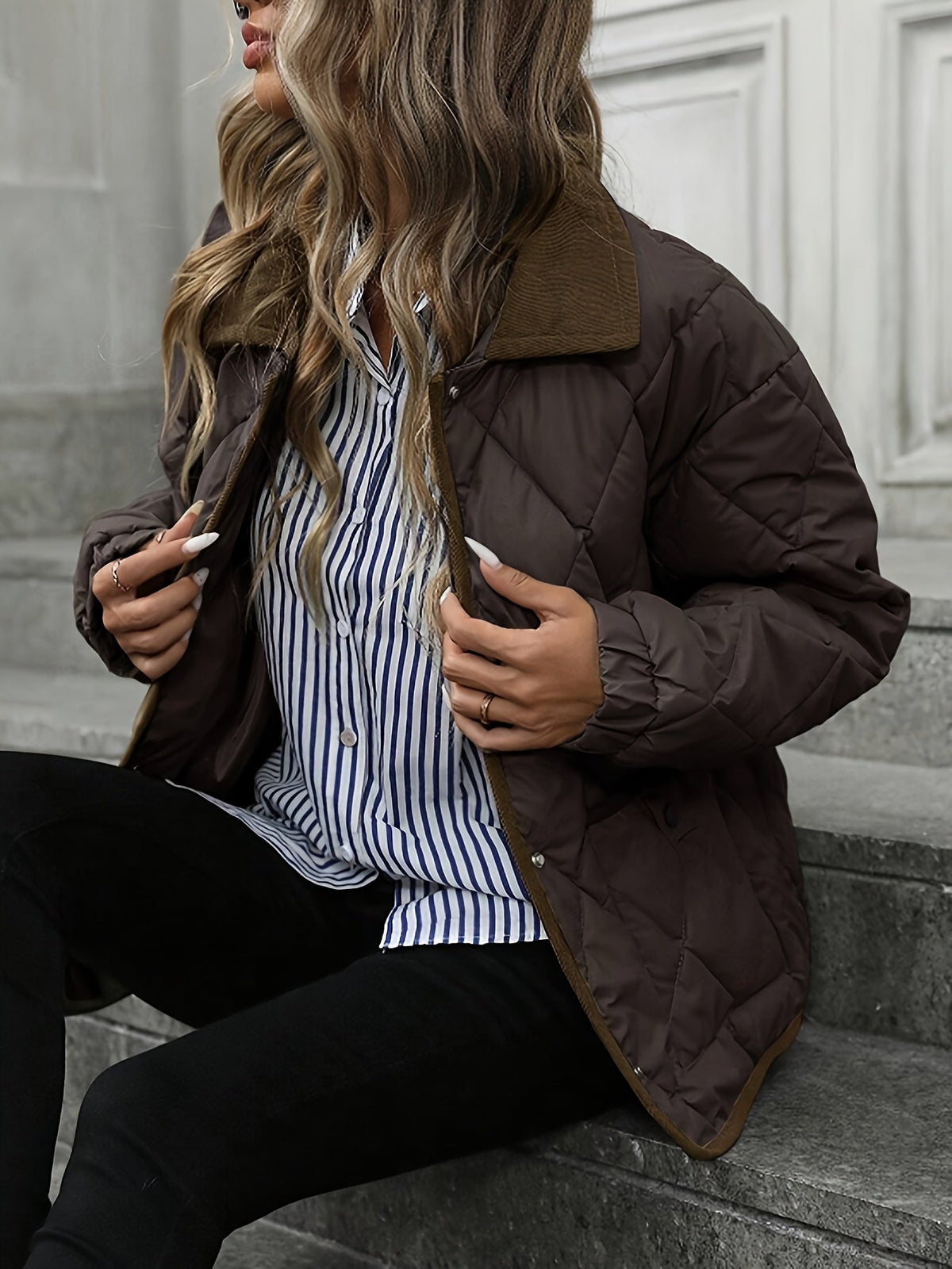 Diamond-Quilted Padded Jacket with Button Front and Relaxed Fit, Contrast Trim