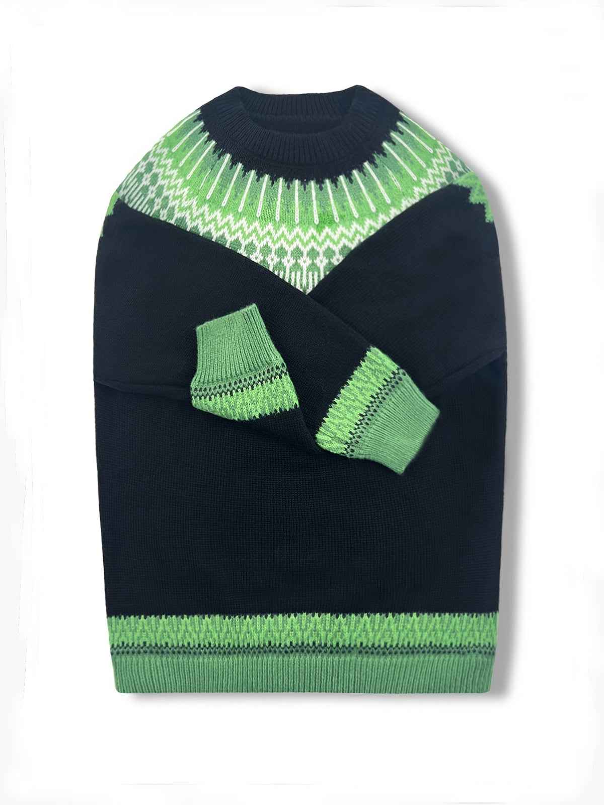 Chunky Jacquard Knit Sweater with Round Neck and Ribbed Cuffs, Hip Length