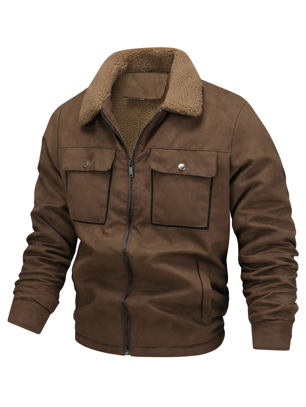 Winter Jacket with Plush Fleece Lining and Full Length Zipper, Structured Collar