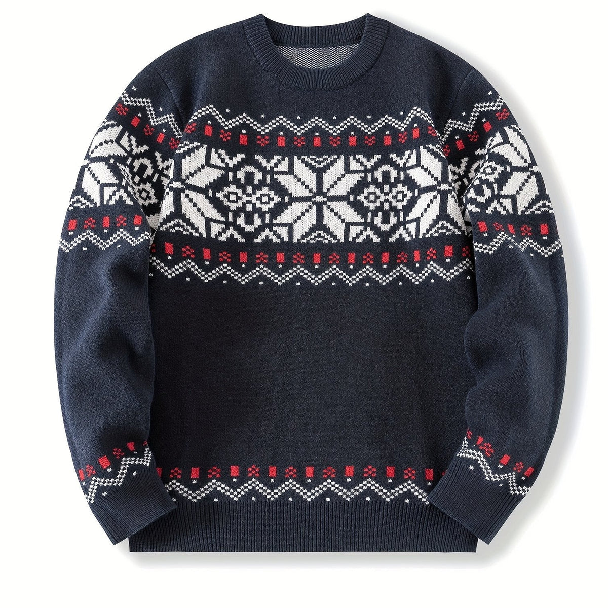 Nordic Knit Sweater with Snowflake Pattern and Ribbed Cuffs, Round Neck