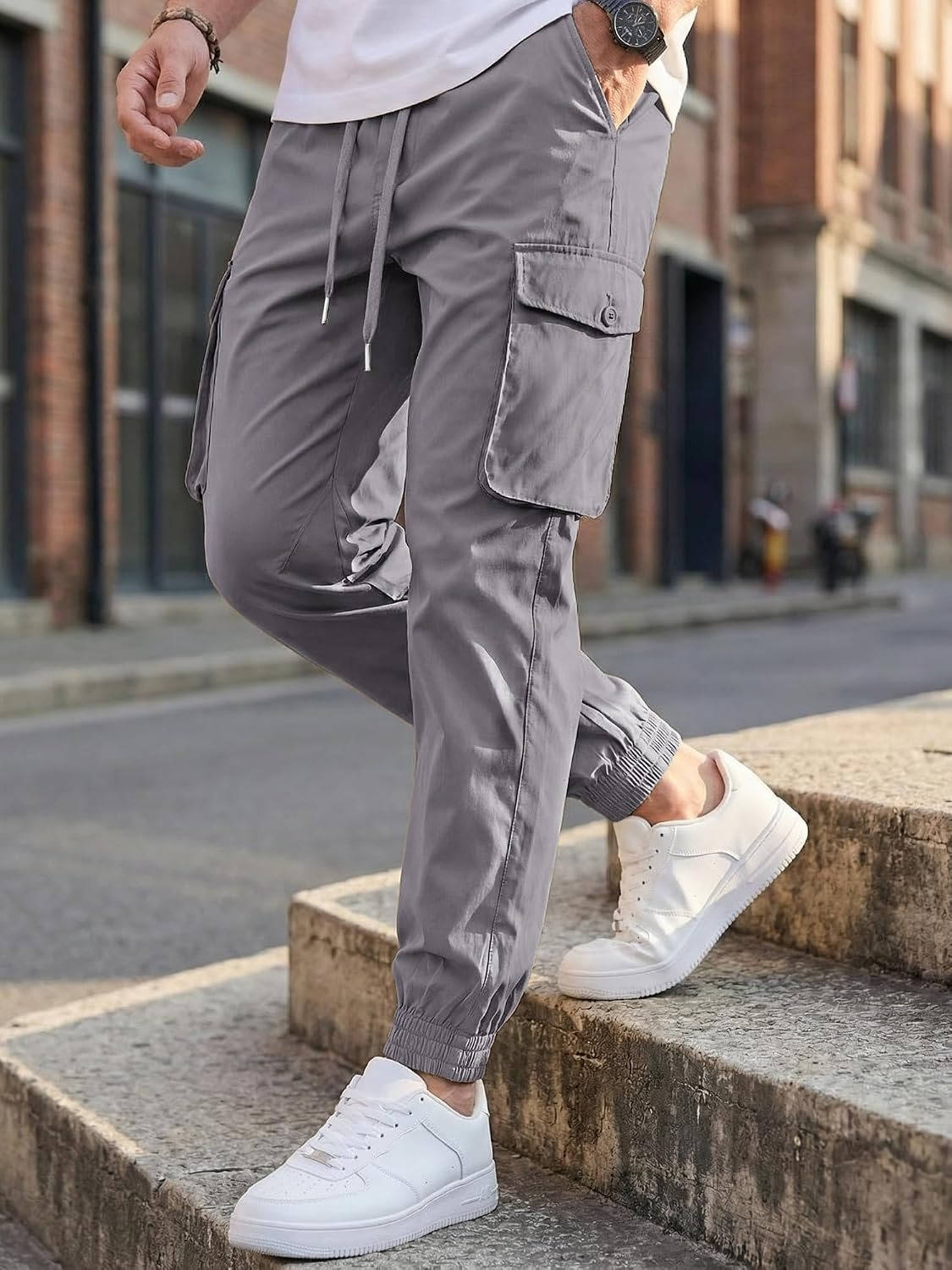 Mens Casual Cargo Jogger Pants, Stretch Elastic Waist Drawstring Tapered Sweatpants with Pockets