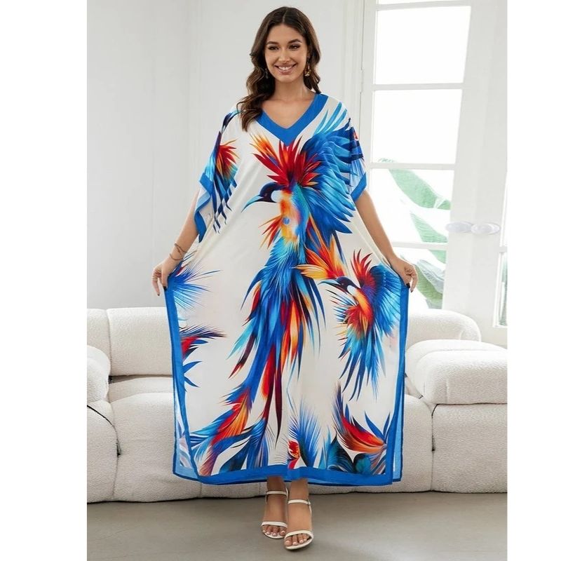 Moomoo Dresses for Women, Plus Size Loose Fit Moroccan Print V Neck Batwing Kaftan Beach Dress