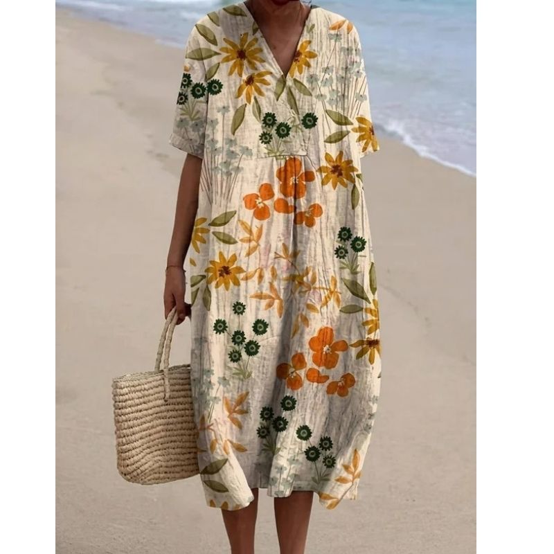 Womens Cotton Maxi Dress, Floral V Neck Short Sleeve Oversized Casual Midi Dress