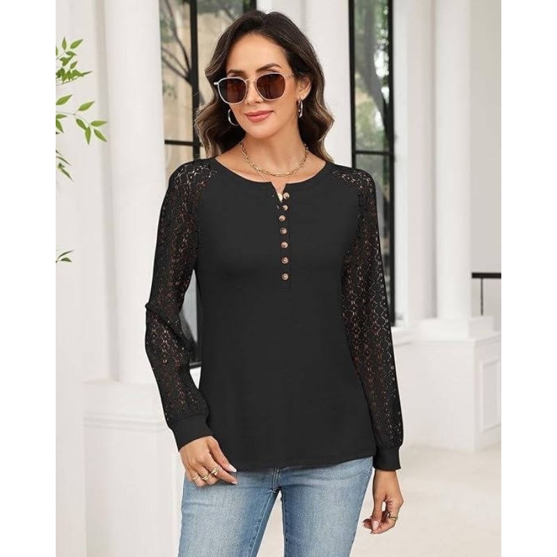 Womens Lace Long Sleeve Henley Top - Casual Fall Blouse