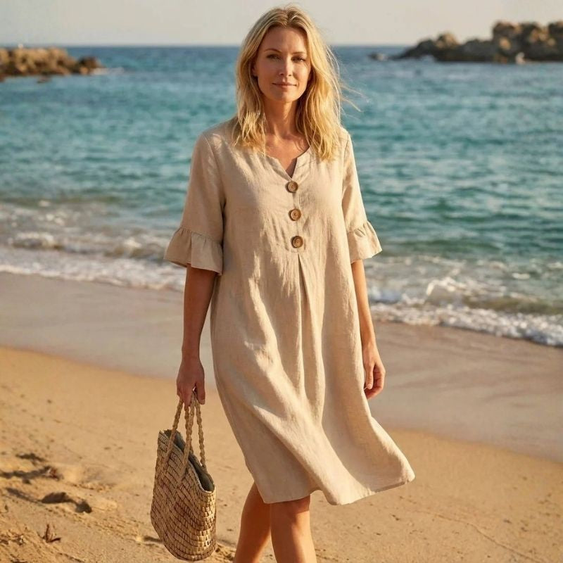 Womens Summer Dress, Ruffle Short Sleeve V Neck Midi Dress, Casual Lightweight Beach Sundress