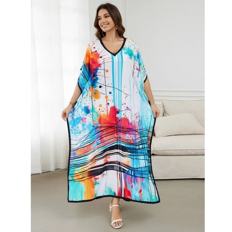 Moomoo Dresses for Women, Plus Size Loose Fit Moroccan Print V Neck Batwing Kaftan Beach Dress