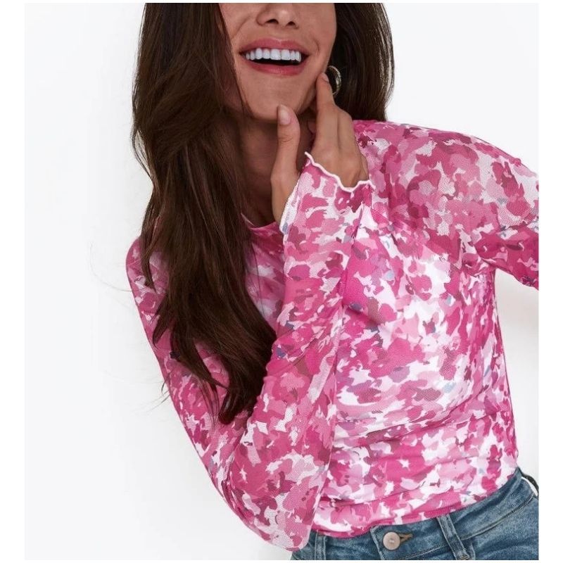 Womens Floral Lace Sheer Mesh Top - Slim Fit Lightweight Long Sleeve Top
