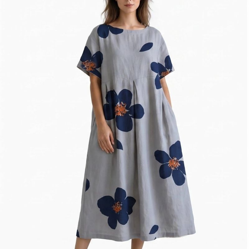 Womens Floral A Line Midi Dress, Short Sleeve Casual Summer Dress