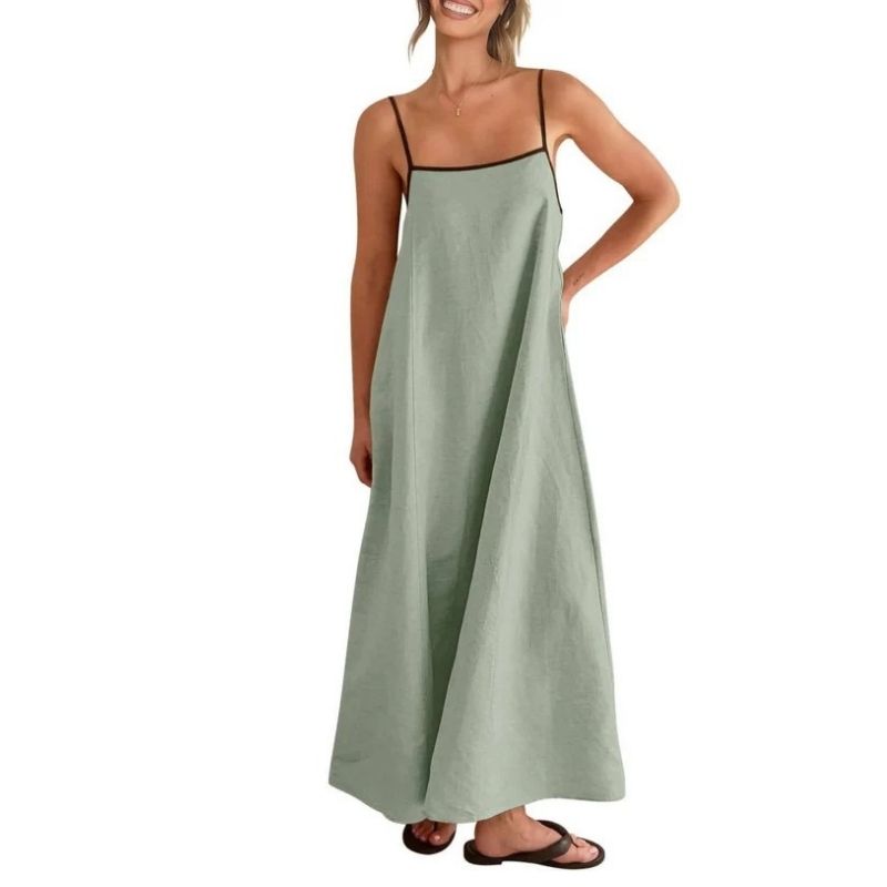 Womens Linen Maxi Dress, Contrast Spaghetti Strap Backless Summer Beach Dress
