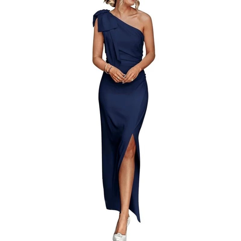 Womens One Shoulder Maxi Dress, Ruched Bodycon Wedding Guest and Formal Dress