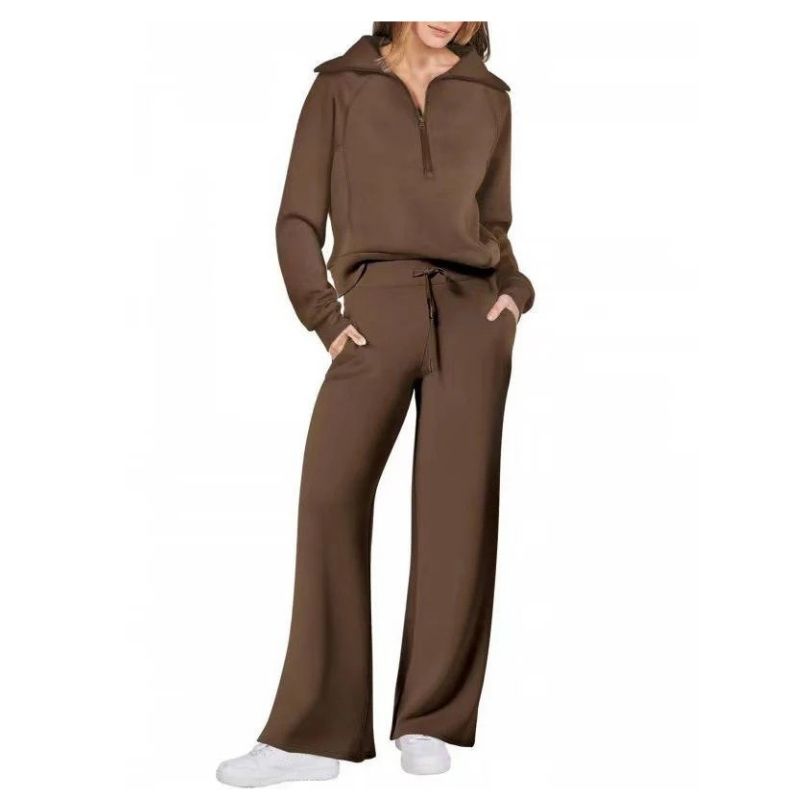 Womens 2 Piece Outfits, Casual Lapel Half Zip Sweatshirt and Wide Leg Pants Tracksuit Set