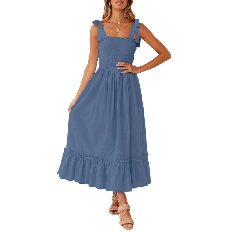 Womens Boho Maxi Dress, Square Neck Spaghetti Strap Ruffle a Line Beach Dress