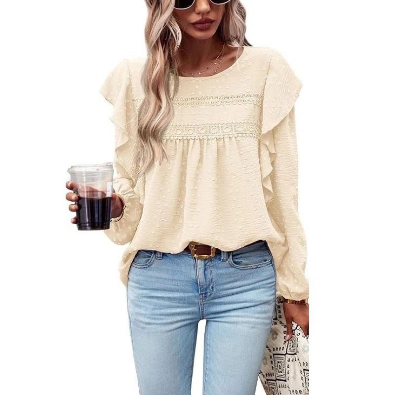 Womens Long Sleeve Shirts, Ruffle Swiss Dot Crochet Loose Fit Tunic, Dressy Casual Tops Blouse, Spring Fashion