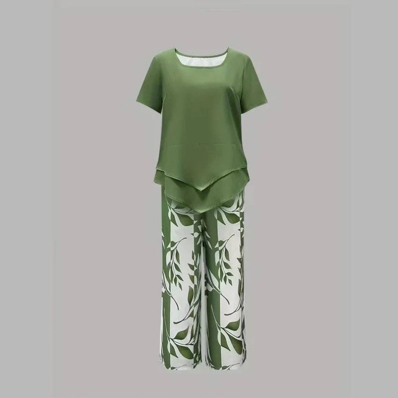 Womens Leaf Print Two Piece Set, Casual Short Sleeve Asymmetric Top and Wide Leg Pants Outfits, Elegant Summer Matching Suit