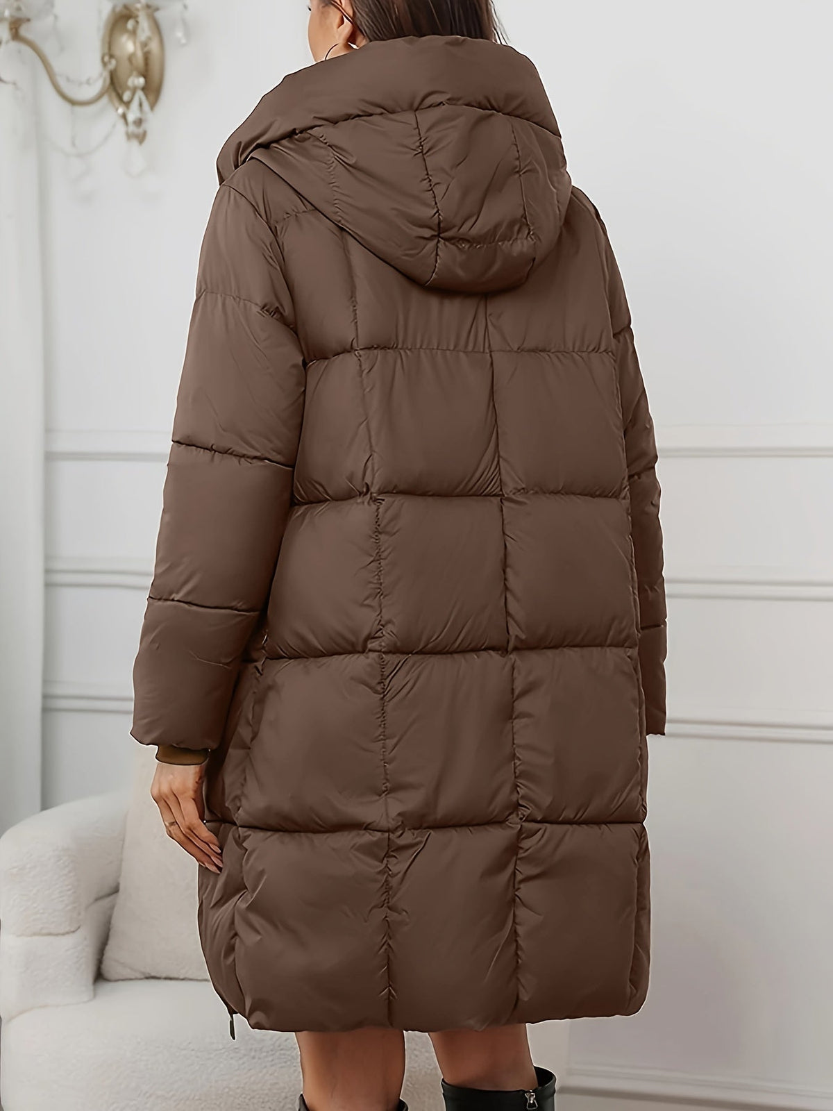 Quilted Longline Puffer Coat with Adjustable Hood and Full Length Zipper