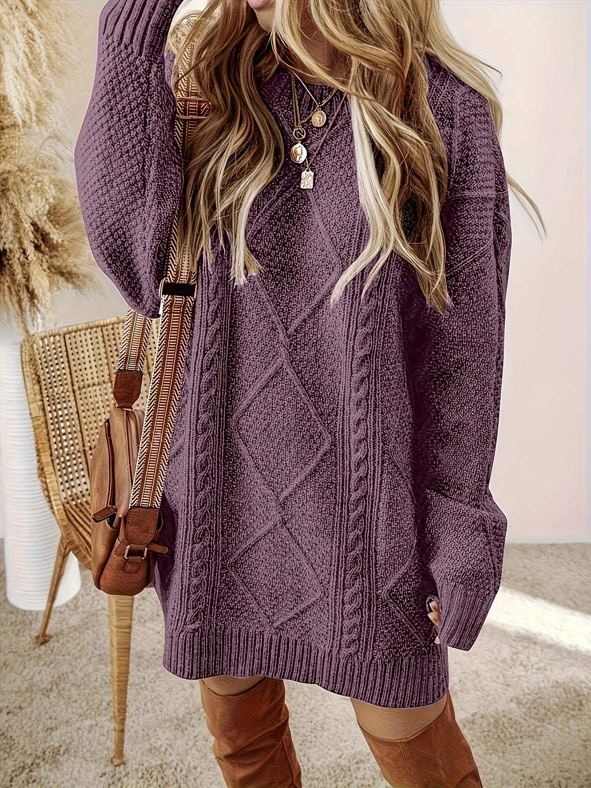 Cable Knit Sweater Dress with Round Neckline and Midi Length Loose Relaxed Fit