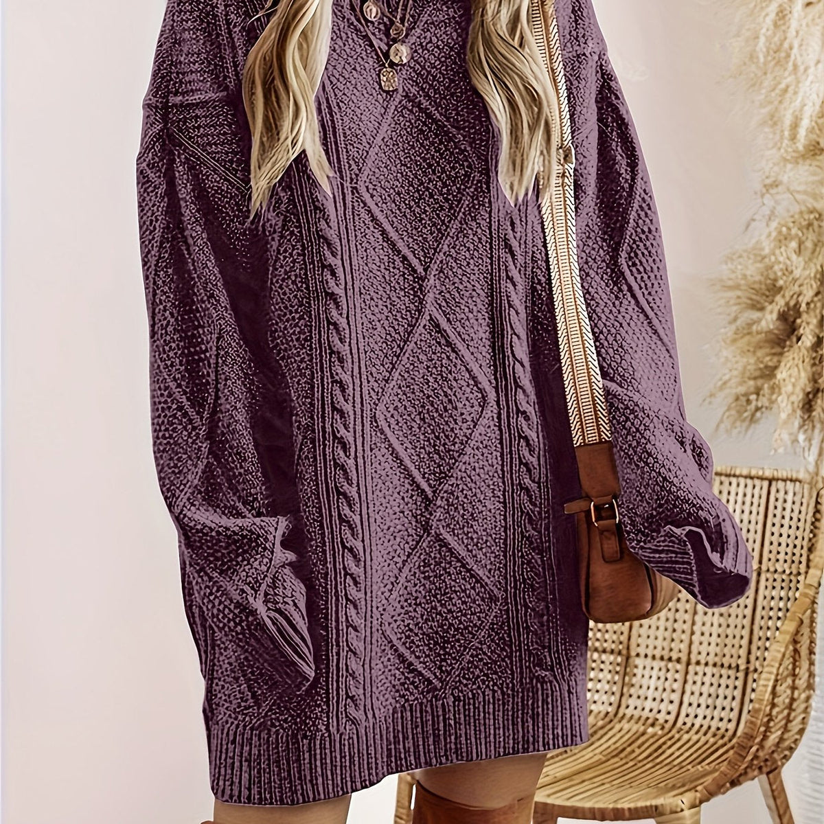 Cable Knit Sweater Dress with Round Neckline and Midi Length Loose Relaxed Fit