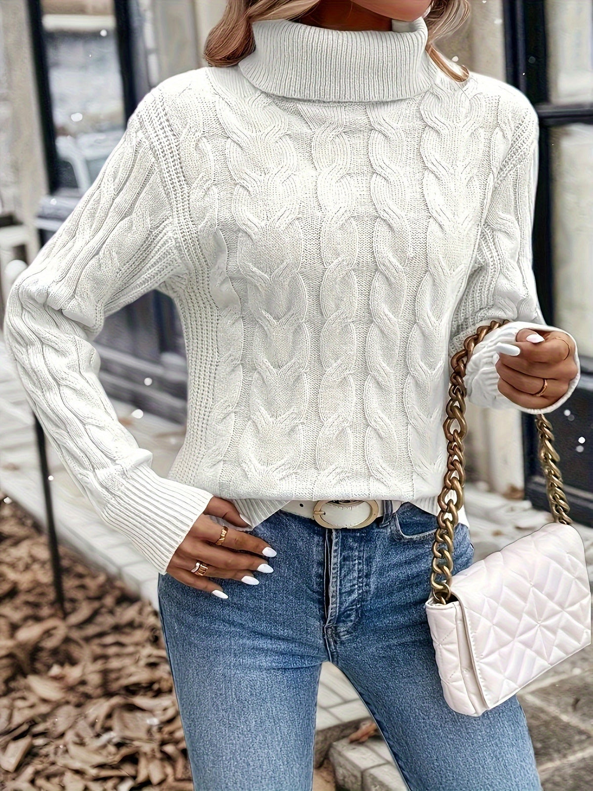 Cable Knit Turtleneck Sweater with Relaxed Fit and High Roll Neck
