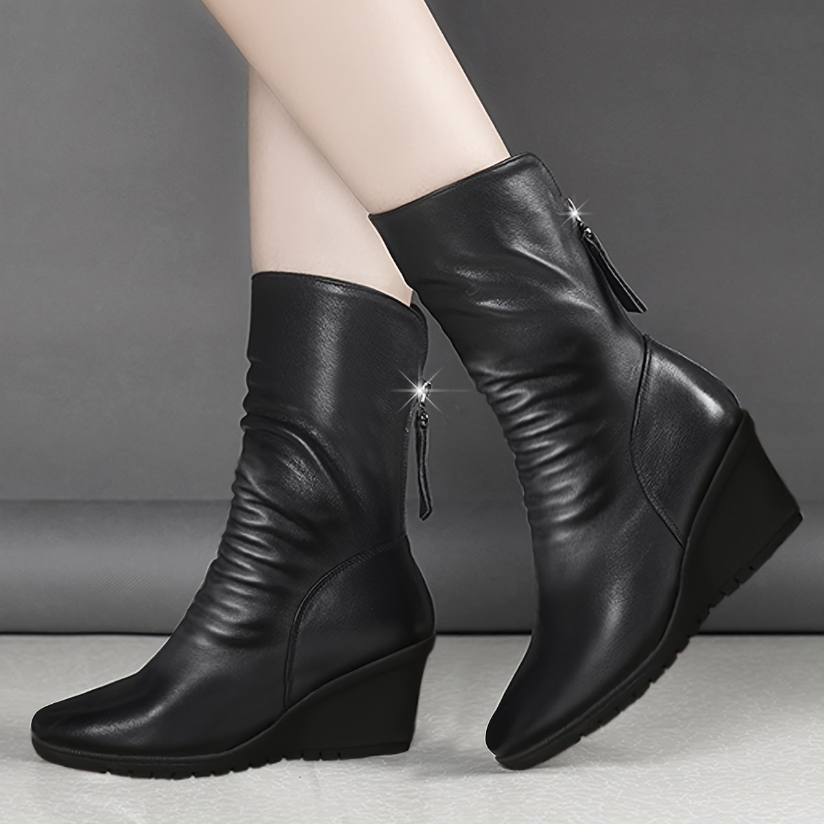 Mid Calf Wedge Boots with Side Zip Closure and Stable Walking Base