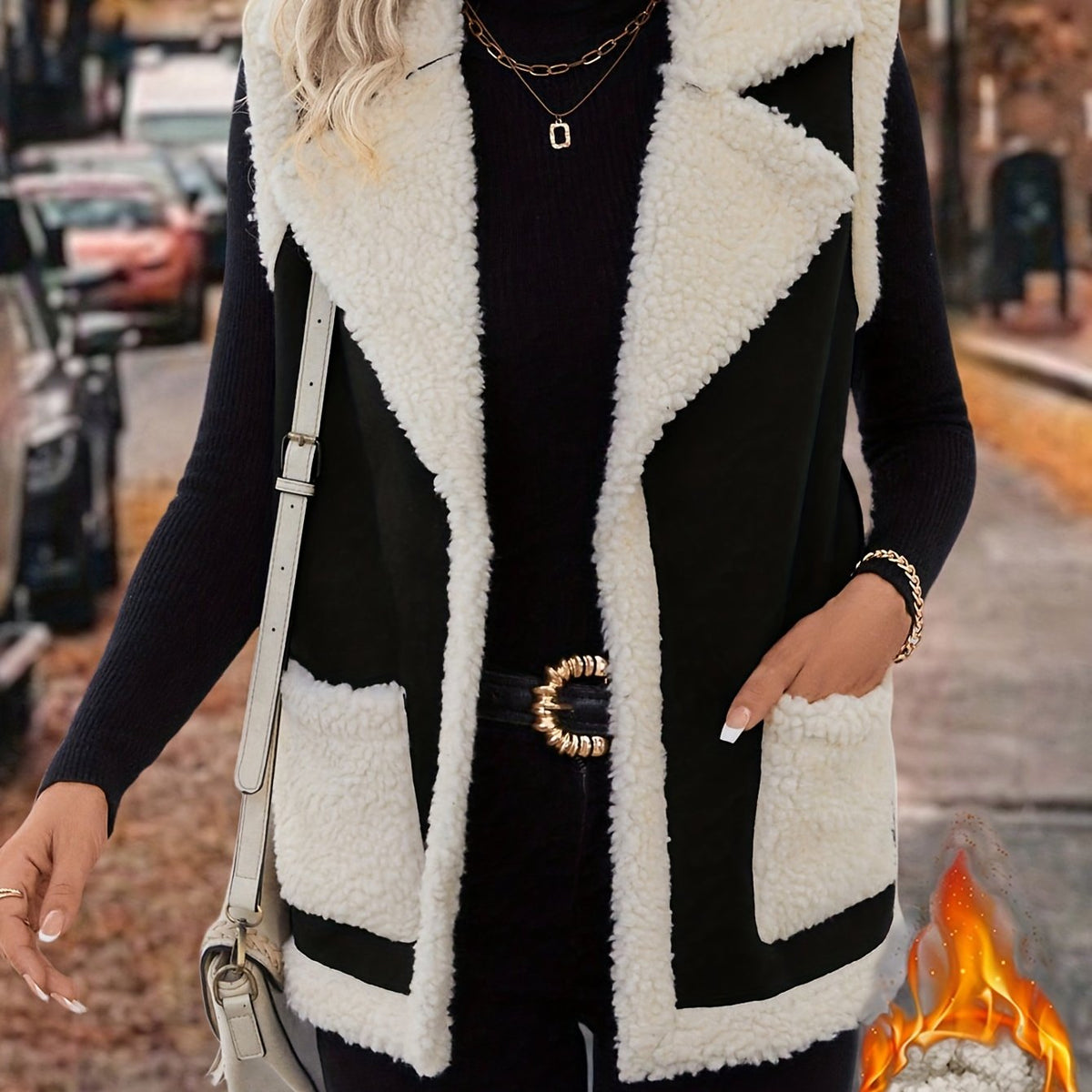 Sleeveless Vest with Lapel Collar and Plush Lining