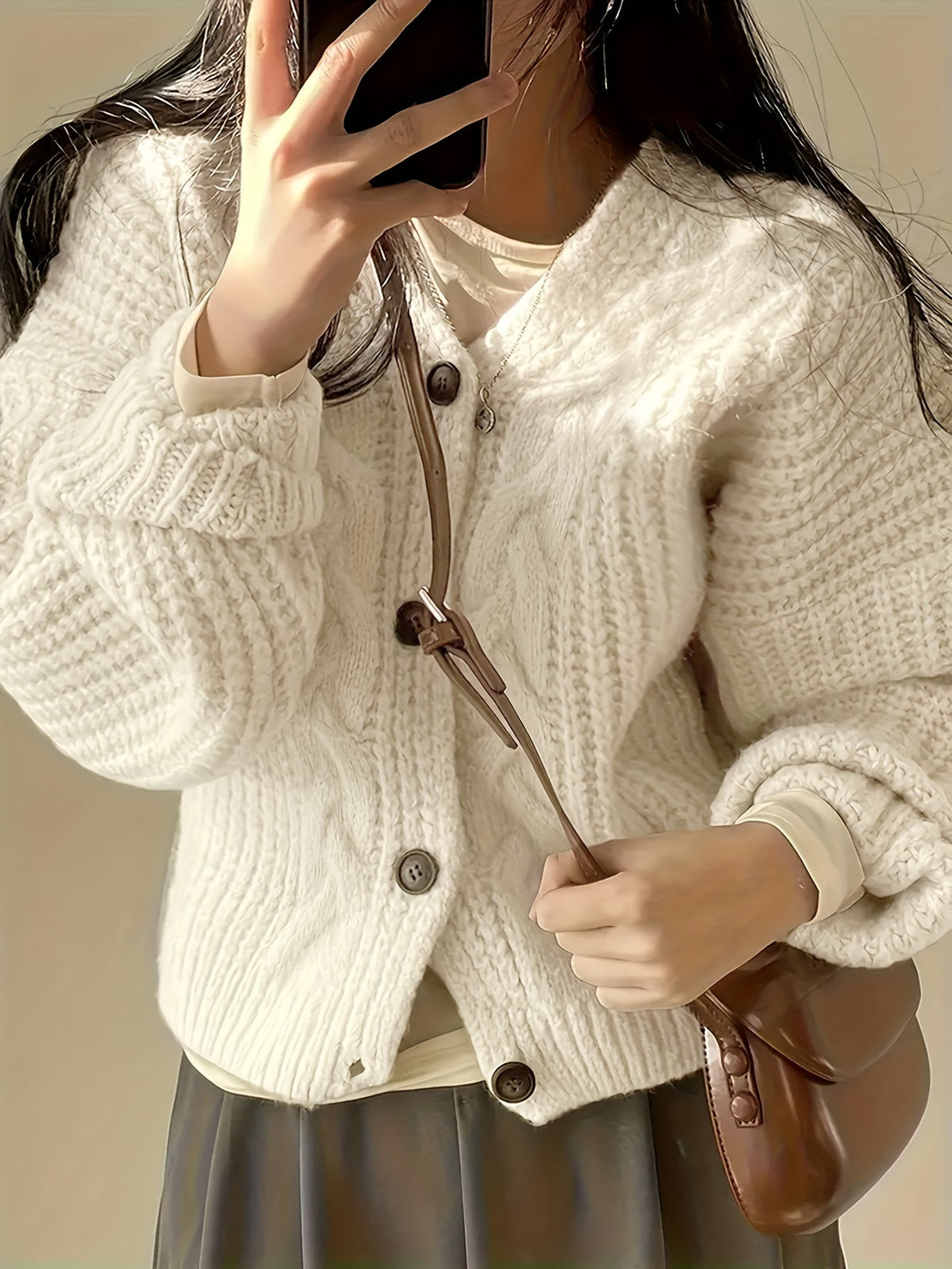 Cable Knit Cardigan with Button Front and Relaxed Fit, Hip Length